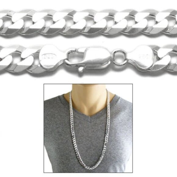 STERLING SILVER CUBAN CURB FLAT CHAIN NECKLACE 9MM (GAUGE 250) - Picture 1 of 2